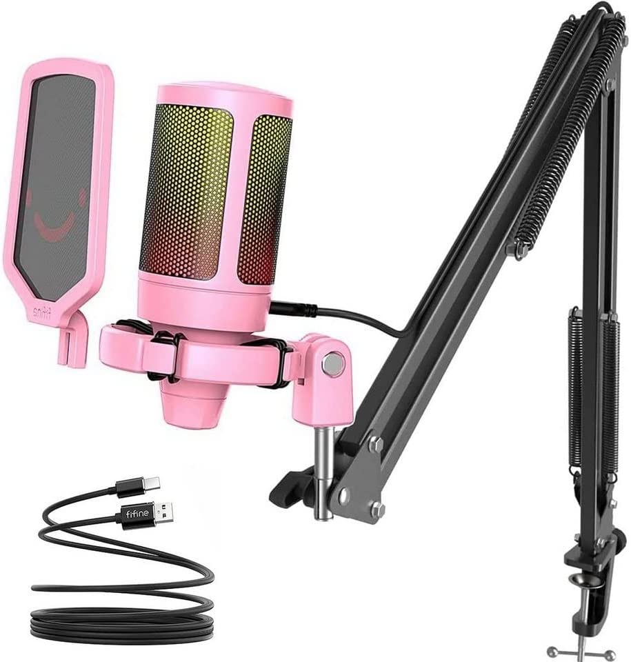 Fifine AMPLIGAME AM8 RGB USB/XLR Microphone - Dynamic Mic - Pink 