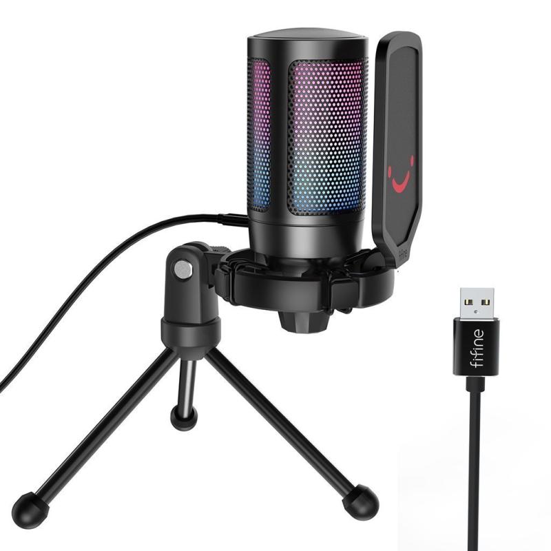 Fifine Microphone Bundle A6T AMPLIGAME USB Gaming Microphone RGB - Black 